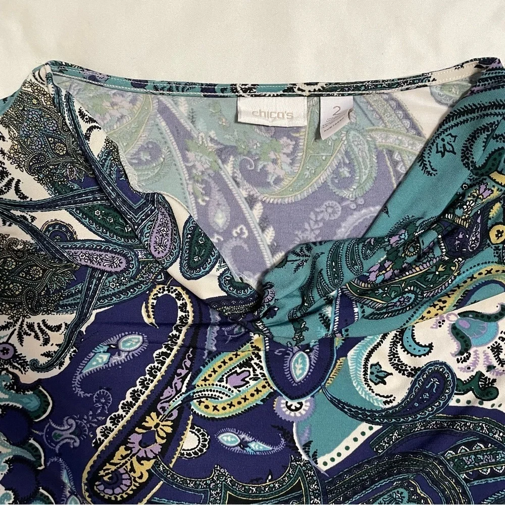 Chico's Cowl Neck 3/4 Sleeve Paisley Top Size 2 US L